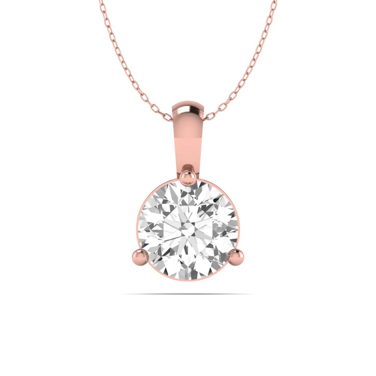 rose gold Round brilliant lab grown diamond solitaire pendant necklace in a three-prong setting with a delicate cable chain and lobster clasp.