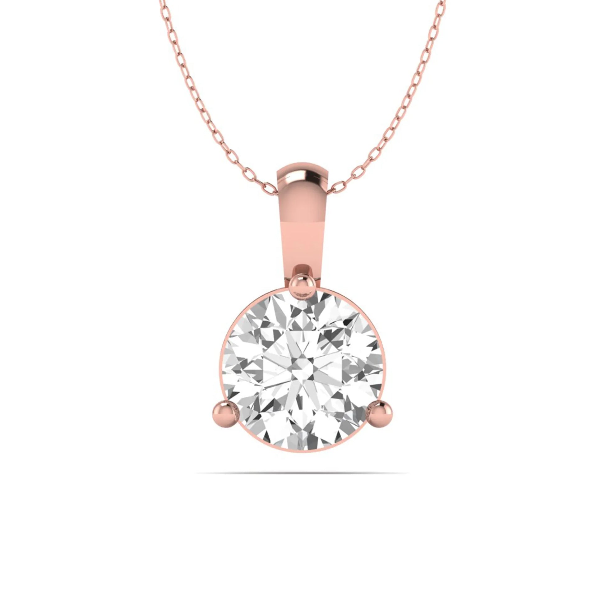 rose gold Round brilliant lab grown diamond solitaire pendant necklace in a three-prong setting with a delicate cable chain and lobster clasp.
