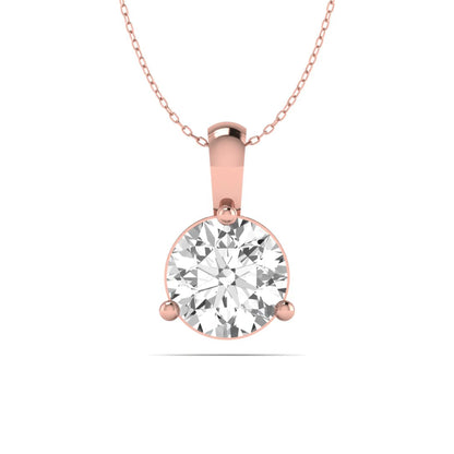 rose gold Round brilliant lab grown diamond solitaire pendant necklace in a three-prong setting with a delicate cable chain and lobster clasp.