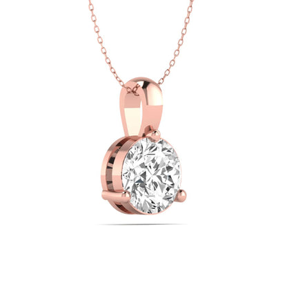 rose gold Round brilliant lab grown diamond solitaire pendant necklace in a three-prong setting with a delicate cable chain and lobster clasp.