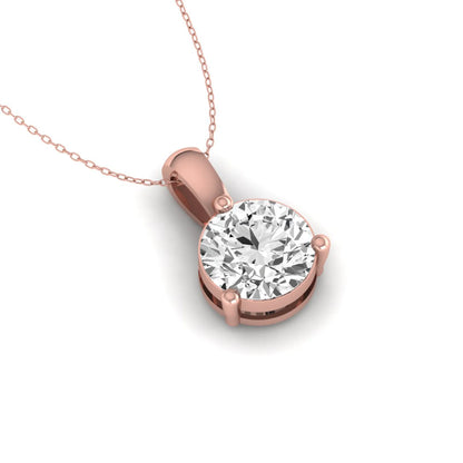 rose gold Round brilliant lab grown diamond solitaire pendant necklace in a three-prong setting with a delicate cable chain and lobster clasp.