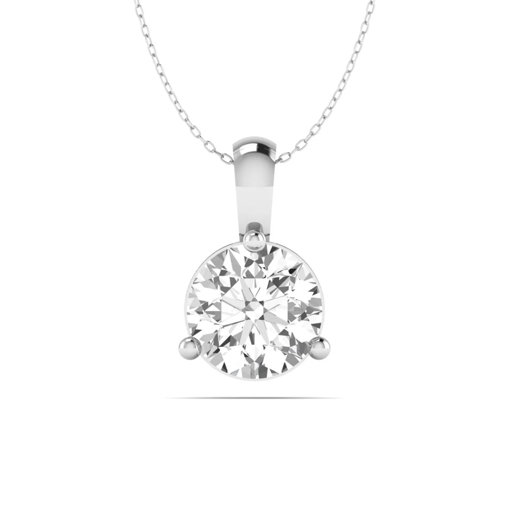 white gold Round brilliant lab grown diamond solitaire pendant necklace in a three-prong setting with a delicate cable chain and lobster clasp.