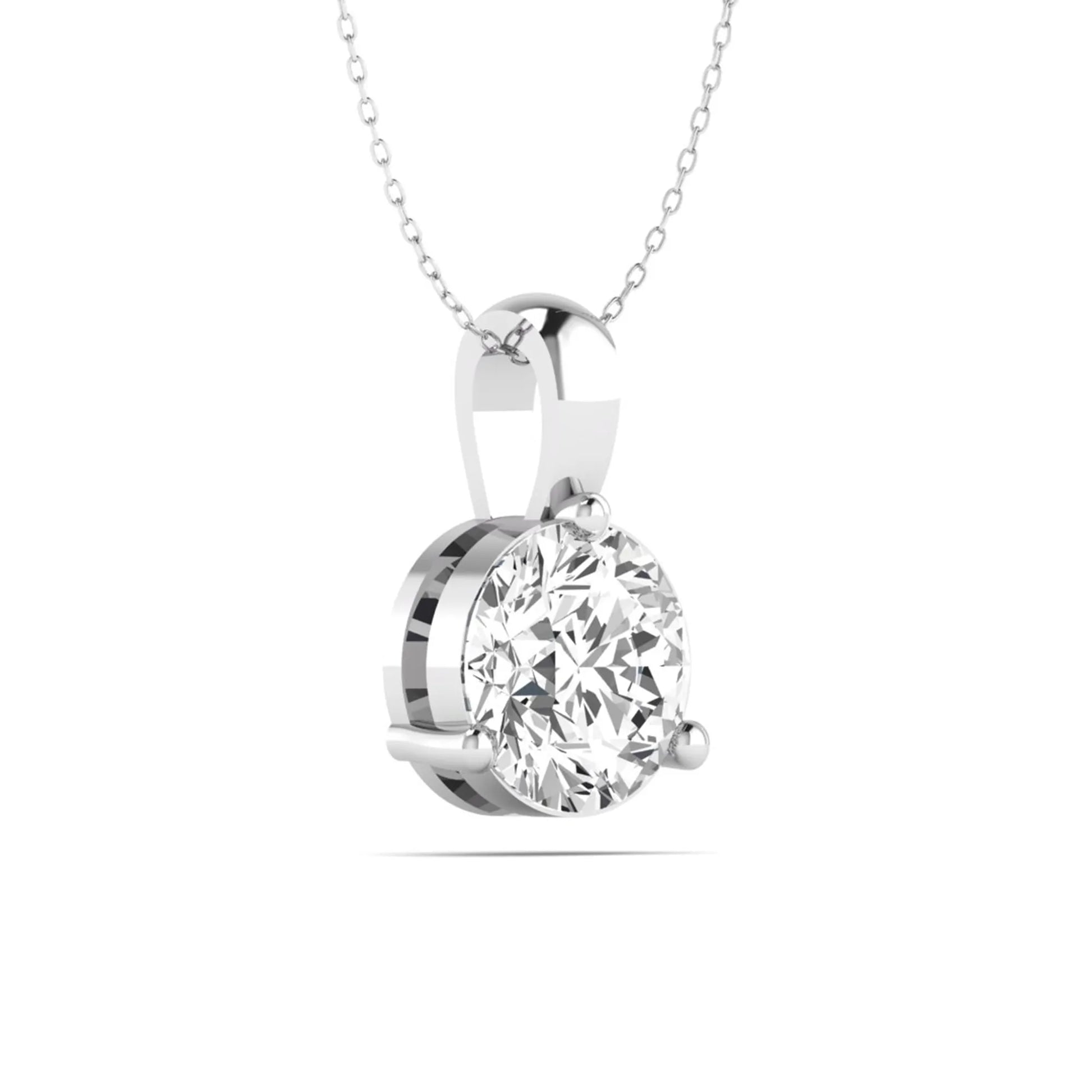 white gold Round brilliant lab grown diamond solitaire pendant necklace in a three-prong setting with a delicate cable chain and lobster clasp.