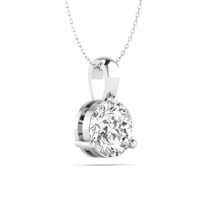 white gold Round brilliant lab grown diamond solitaire pendant necklace in a three-prong setting with a delicate cable chain and lobster clasp.