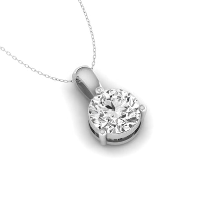 white gold Round brilliant lab grown diamond solitaire pendant necklace in a three-prong setting with a delicate cable chain and lobster clasp.