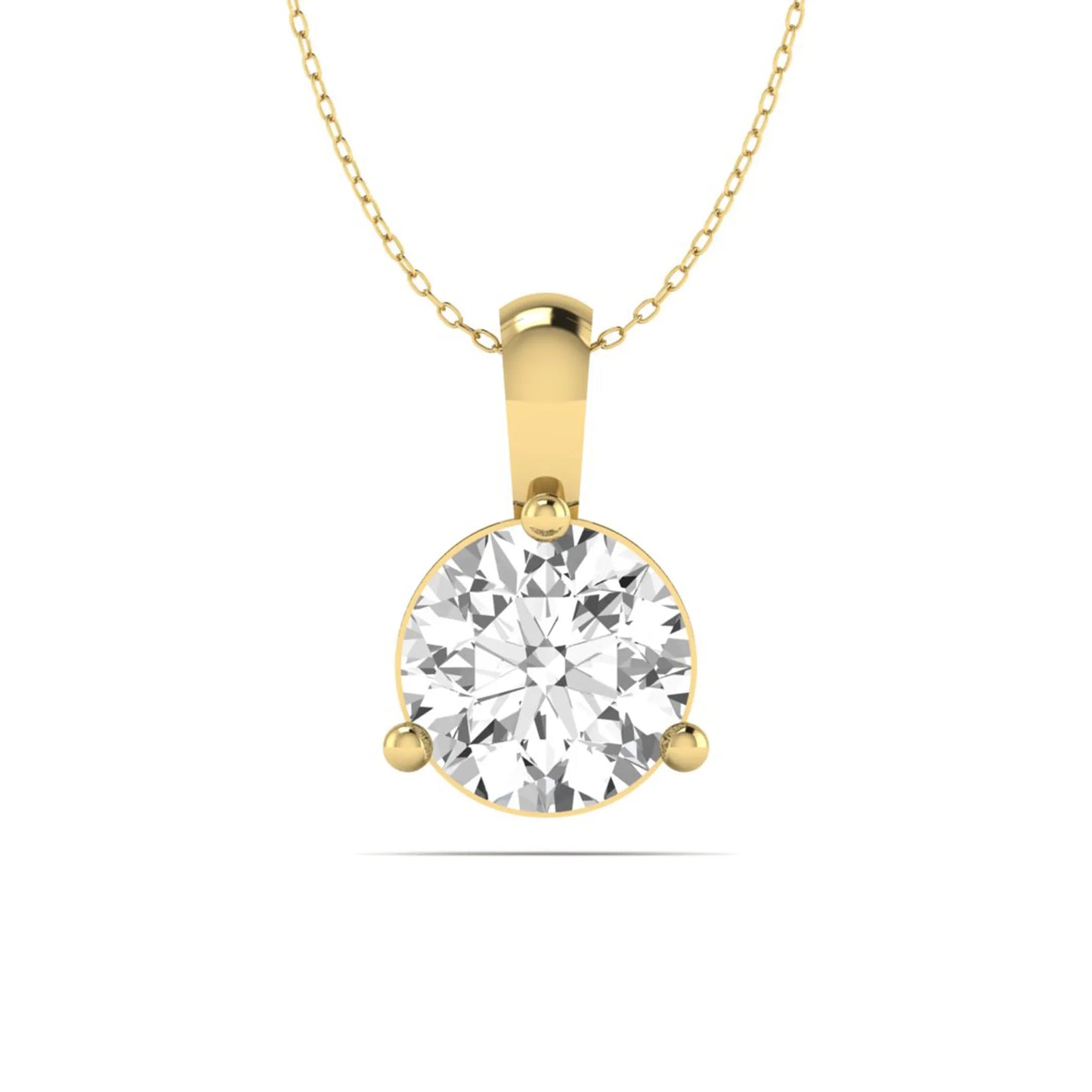 yellow gold Round brilliant lab grown diamond solitaire pendant necklace in a three-prong setting with a delicate cable chain and lobster clasp.