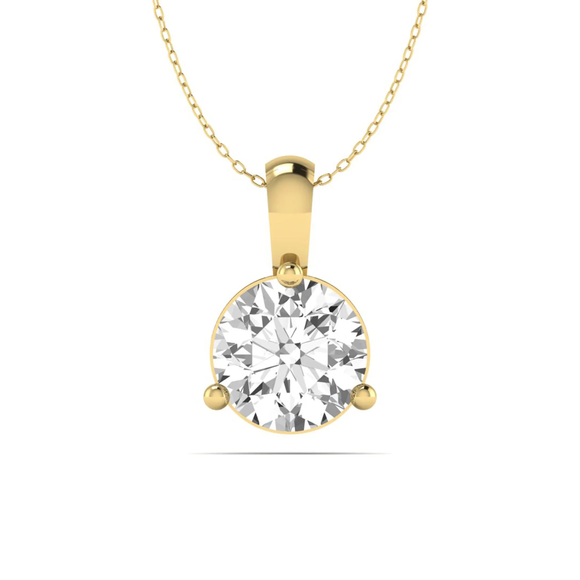 yellow gold Round brilliant lab grown diamond solitaire pendant necklace in a three-prong setting with a delicate cable chain and lobster clasp.
