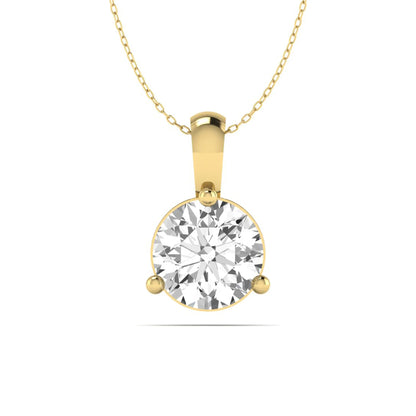 yellow gold Round brilliant lab grown diamond solitaire pendant necklace in a three-prong setting with a delicate cable chain and lobster clasp.