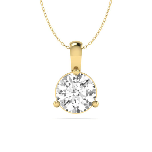 yellow gold Round brilliant lab grown diamond solitaire pendant necklace in a three-prong setting with a delicate cable chain and lobster clasp.