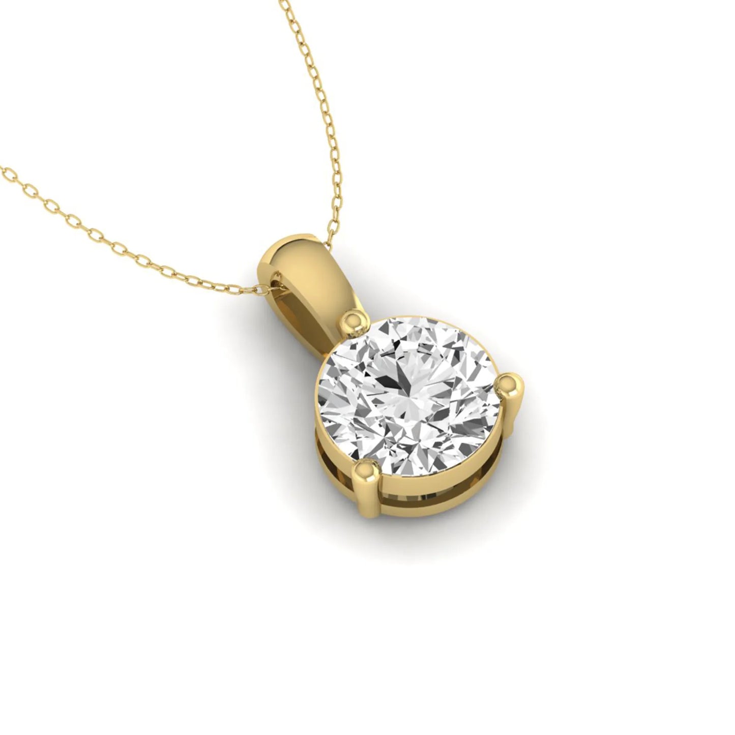 yellow gold Round brilliant lab grown diamond solitaire pendant necklace in a three-prong setting with a delicate cable chain and lobster clasp.