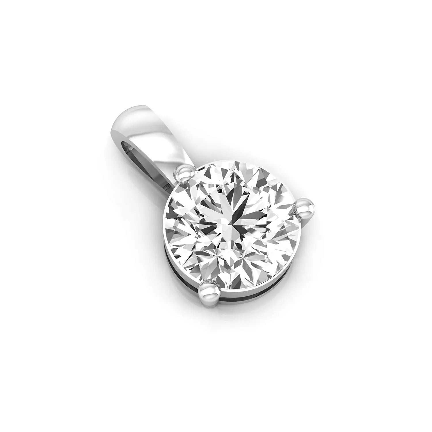 white gold Round brilliant lab grown diamond solitaire pendant necklace in a three-prong setting with a delicate cable chain and lobster clasp.