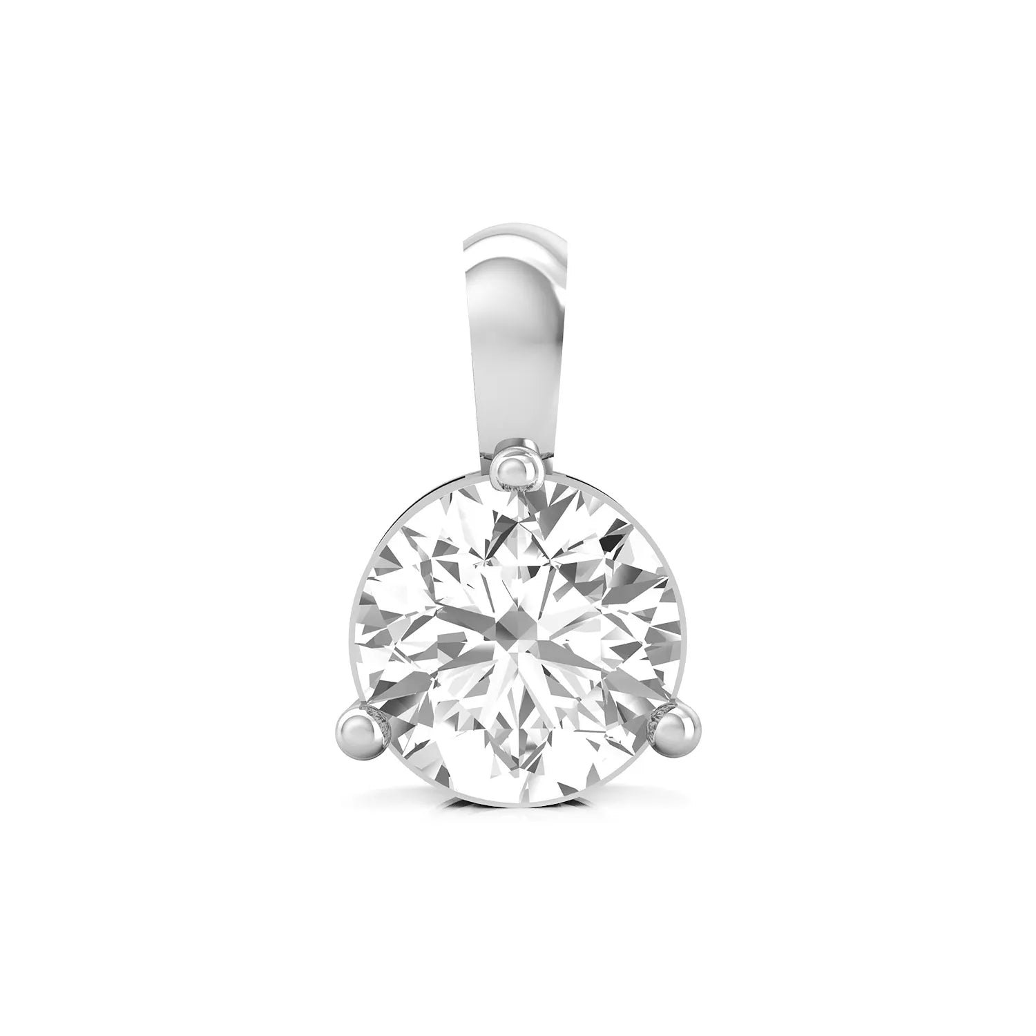 white gold Round brilliant lab grown diamond solitaire pendant necklace in a three-prong setting with a delicate cable chain and lobster clasp.