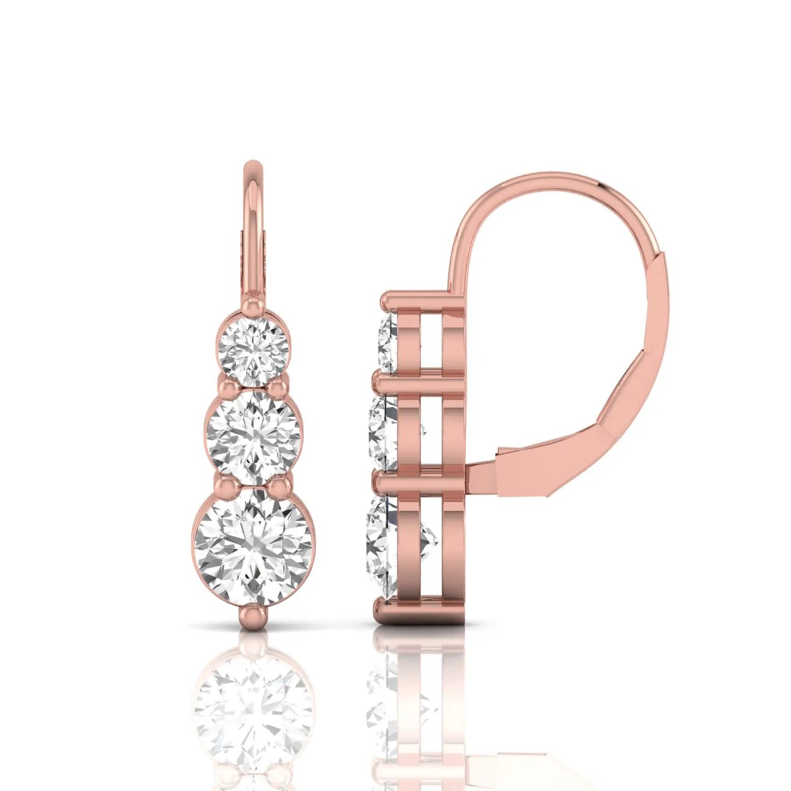Round cut lab grown diamond graduated three stone drop earrings featuring a shared four-prong setting with secure lever back closure and rose gold tone design.