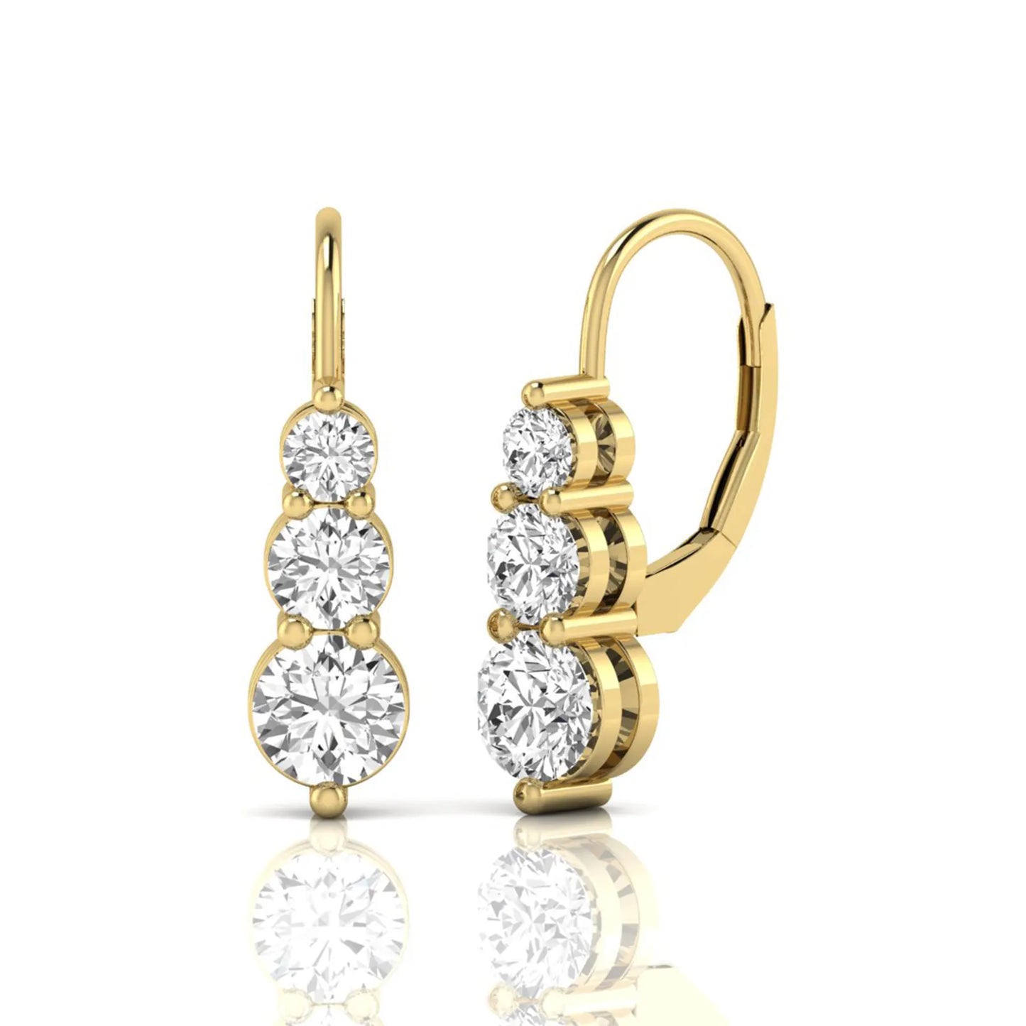 Round cut lab grown diamond graduated three stone drop earrings featuring a shared four-prong setting with secure lever back closure and yellow gold tone design.