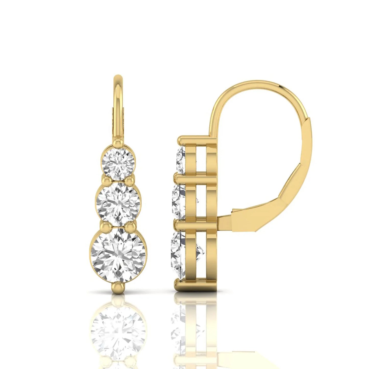 Round cut lab grown diamond graduated three stone drop earrings featuring a shared four-prong setting with secure lever back closure and yellow gold tone design.