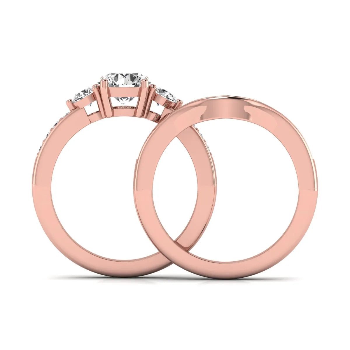 Round cut three stone lab grown diamond bridal ring set with matching diamond wedding band in rose gold featuring a 1.03 carat IGI certified center diamond.
