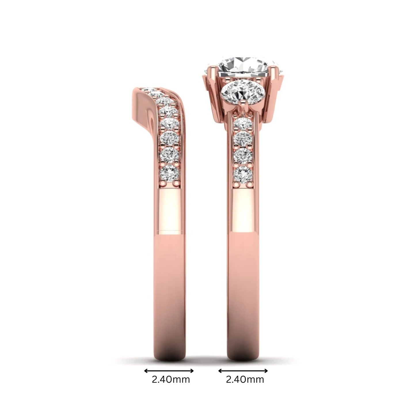 Round cut three stone lab grown diamond bridal ring set with matching diamond wedding band in rose gold featuring a 1.03 carat IGI certified center diamond.