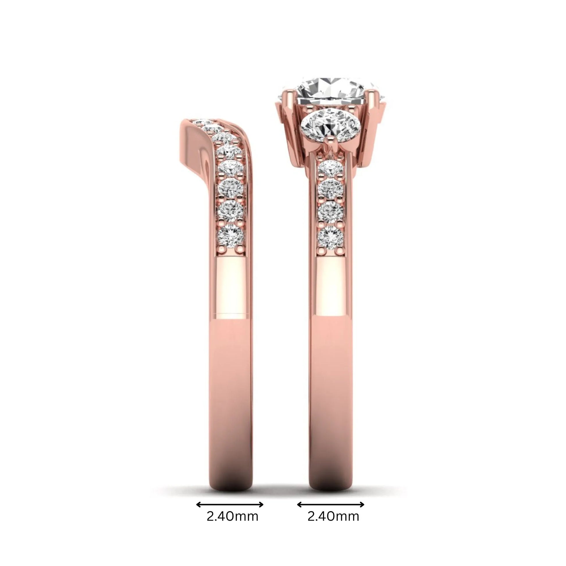 Round cut three stone lab grown diamond bridal ring set with matching diamond wedding band in rose gold featuring a 1.03 carat IGI certified center diamond.