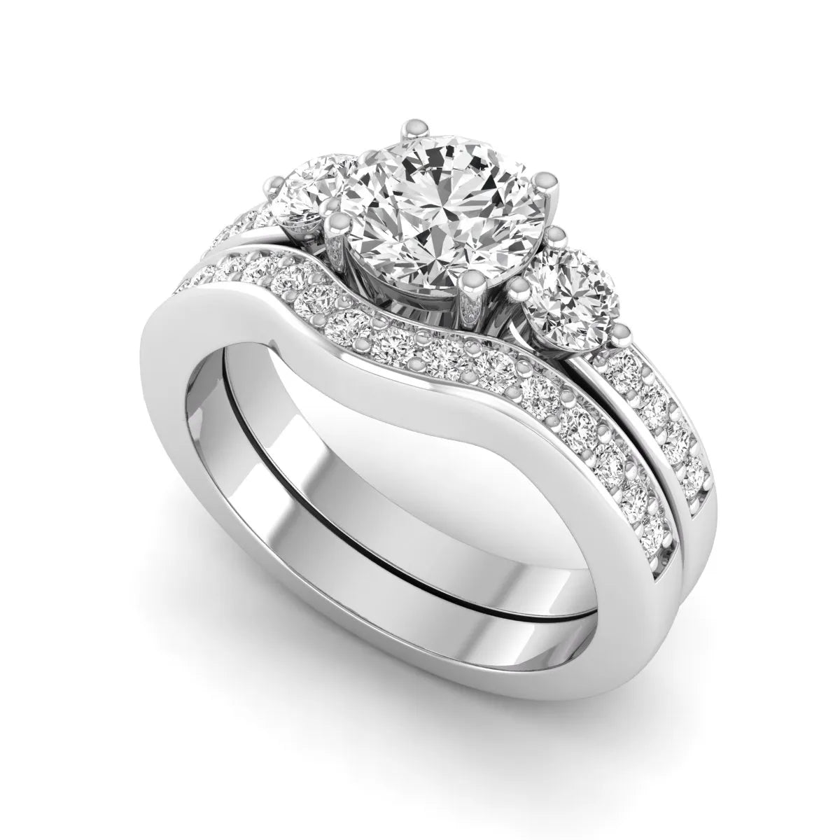 Round cut three stone lab grown diamond bridal ring set with matching diamond wedding band in white gold featuring a 1.03 carat IGI certified center diamond.