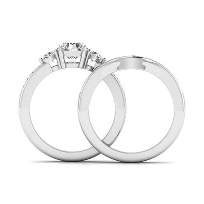 Round cut three stone lab grown diamond bridal ring set with matching diamond wedding band in white gold featuring a 1.03 carat IGI certified center diamond.