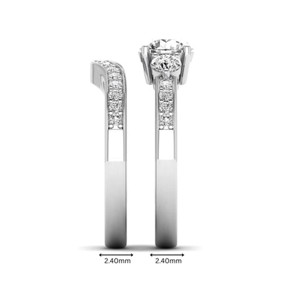 Round cut three stone lab grown diamond bridal ring set with matching diamond wedding band in white gold featuring a 1.03 carat IGI certified center diamond.
