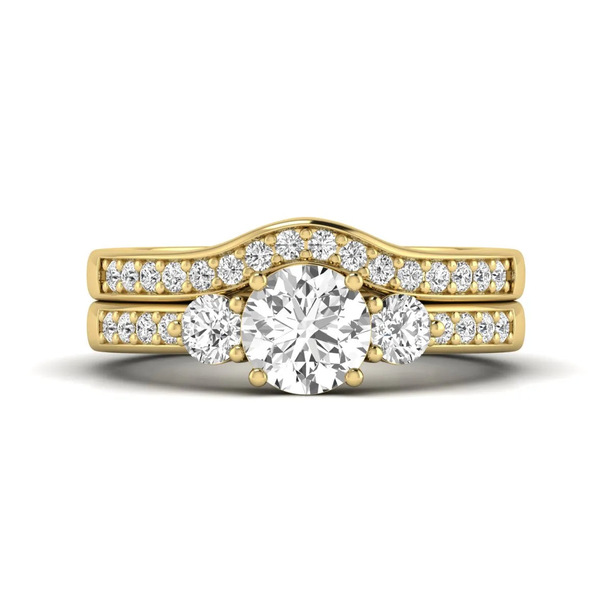 Round cut three stone lab grown diamond bridal ring set with matching diamond wedding band in yellow gold featuring a 1.03 carat IGI certified center diamond.