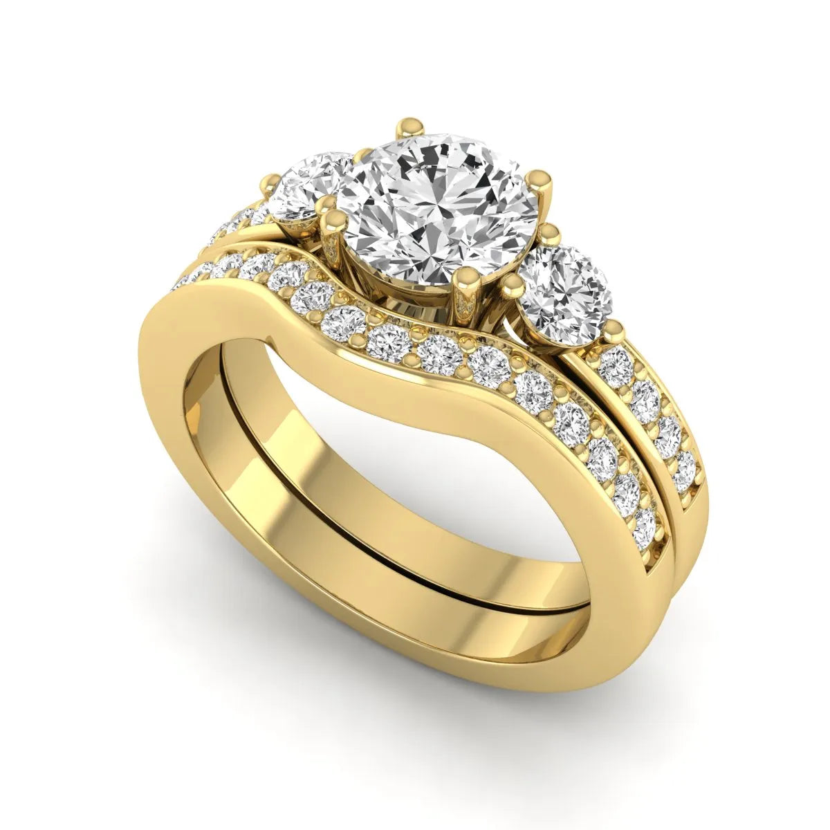 Round cut three stone lab grown diamond bridal ring set with matching diamond wedding band in yellow gold featuring a 1.03 carat IGI certified center diamond.