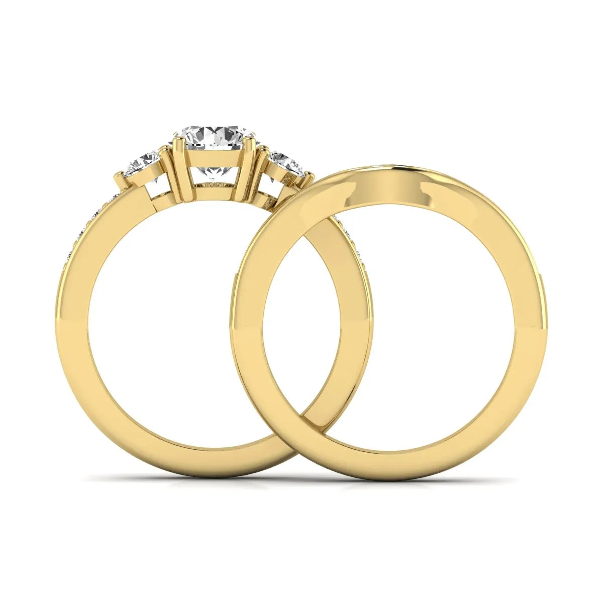 Round cut three stone lab grown diamond bridal ring set with matching diamond wedding band in yellow gold featuring a 1.03 carat IGI certified center diamond.