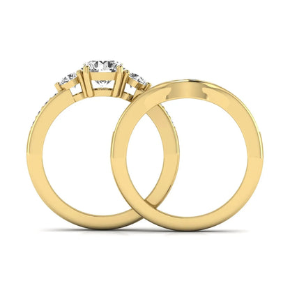 Round cut three stone lab grown diamond bridal ring set with matching diamond wedding band in yellow gold featuring a 1.03 carat IGI certified center diamond.