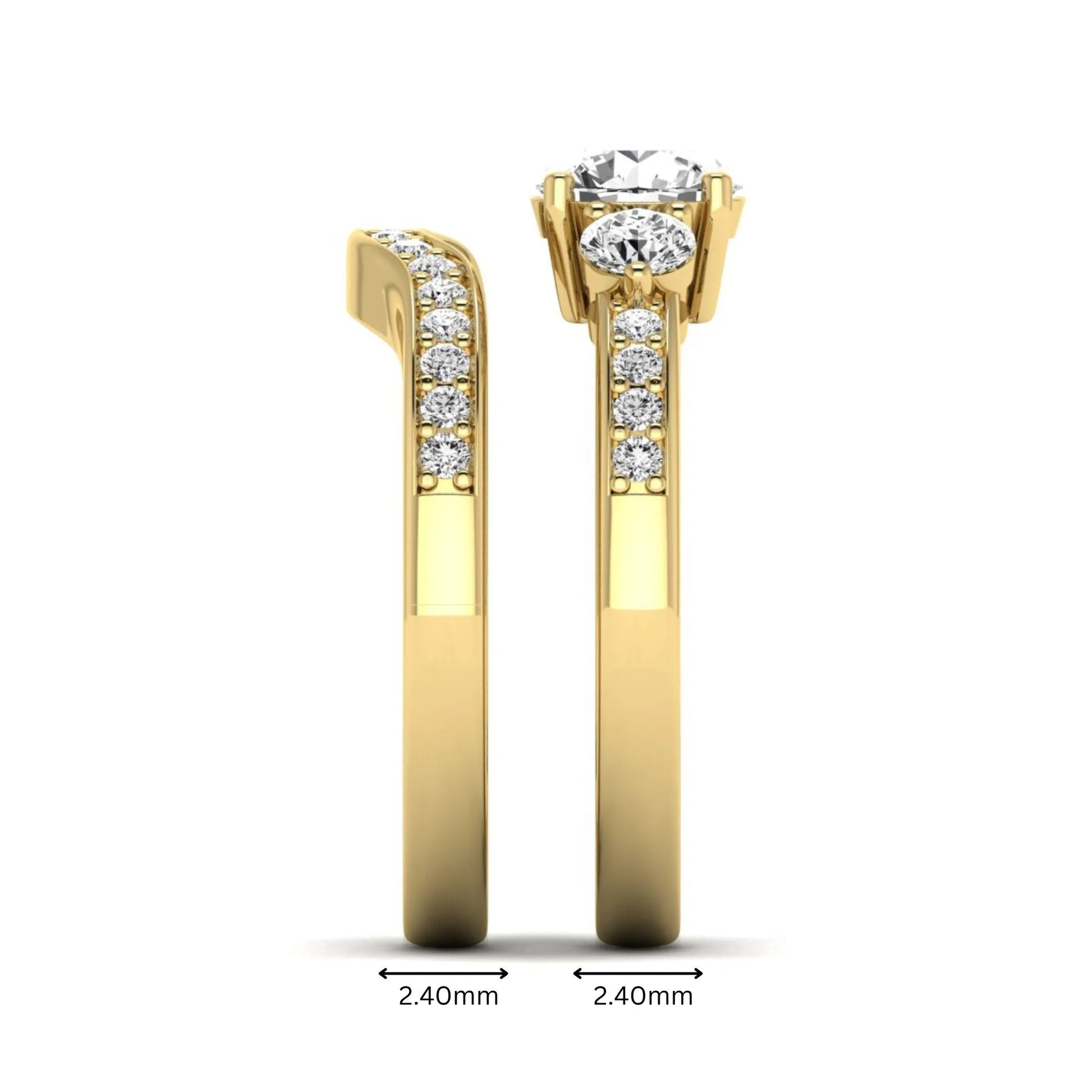 Round cut three stone lab grown diamond bridal ring set with matching diamond wedding band in yellow gold featuring a 1.03 carat IGI certified center diamond.
