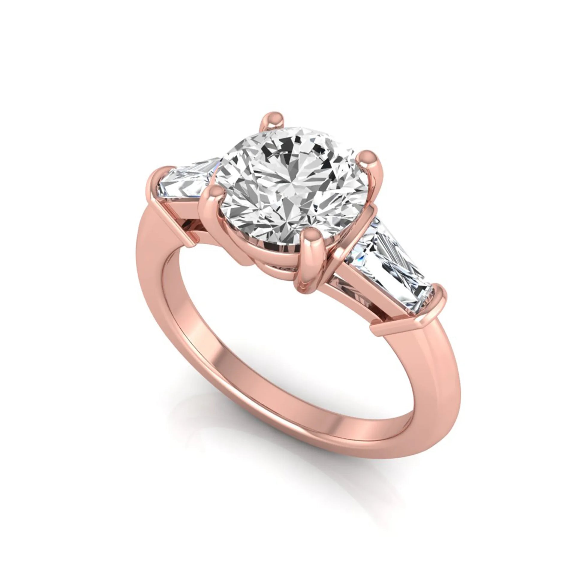 Round cut lab grown diamond three-stone engagement ring featuring tapered baguette side diamonds in a classic four-prong rose gold setting.