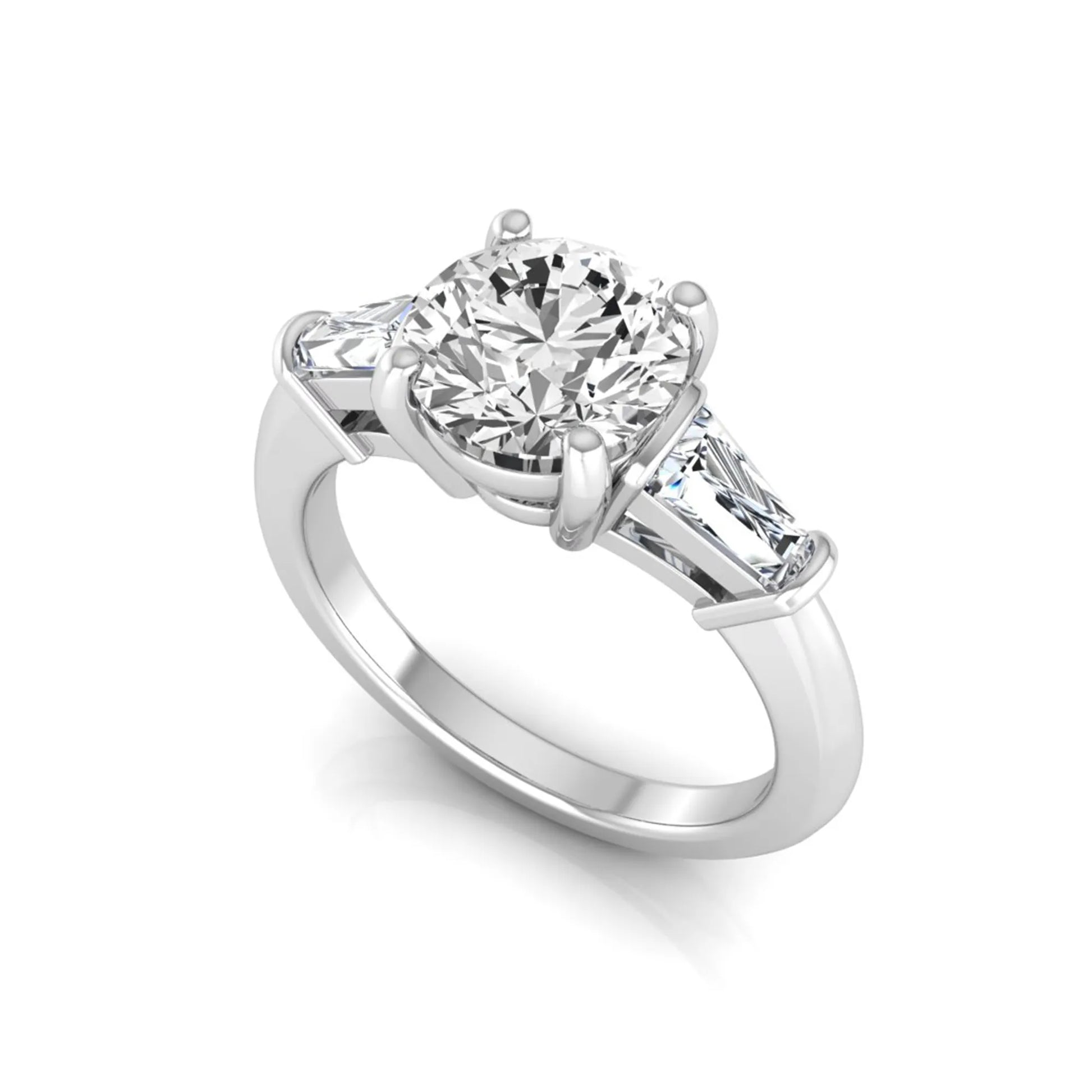 Round cut lab grown diamond three-stone engagement ring featuring tapered baguette side diamonds in a classic four-prong white gold setting.