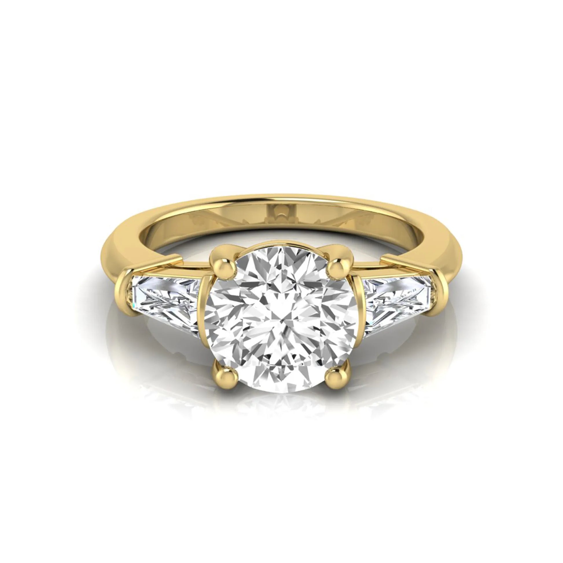 Round cut lab grown diamond three-stone engagement ring featuring tapered baguette side diamonds in a classic four-prong yellow gold setting.