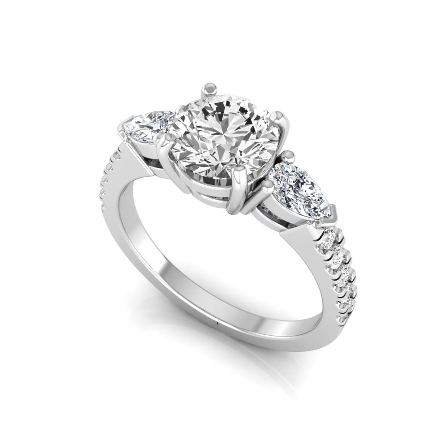 Round cut lab grown diamond three stone engagement ring featuring a 1.28 carat IGI certified center diamond with pear and round side diamonds on a pavé white gold band.