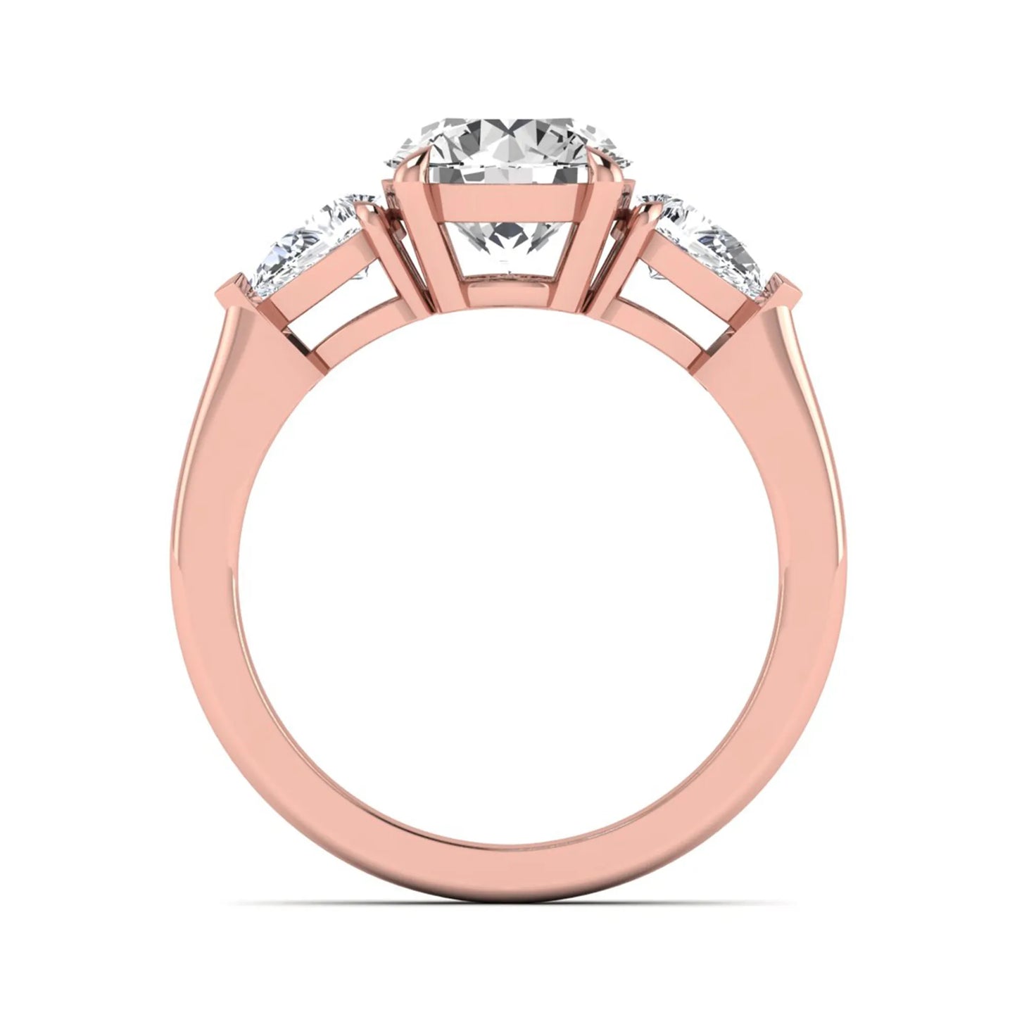 Round three stone prong set lab grown diamond engagement ring featuring a 2.00 carat round center diamond with pear cut side diamonds in rose gold finish.