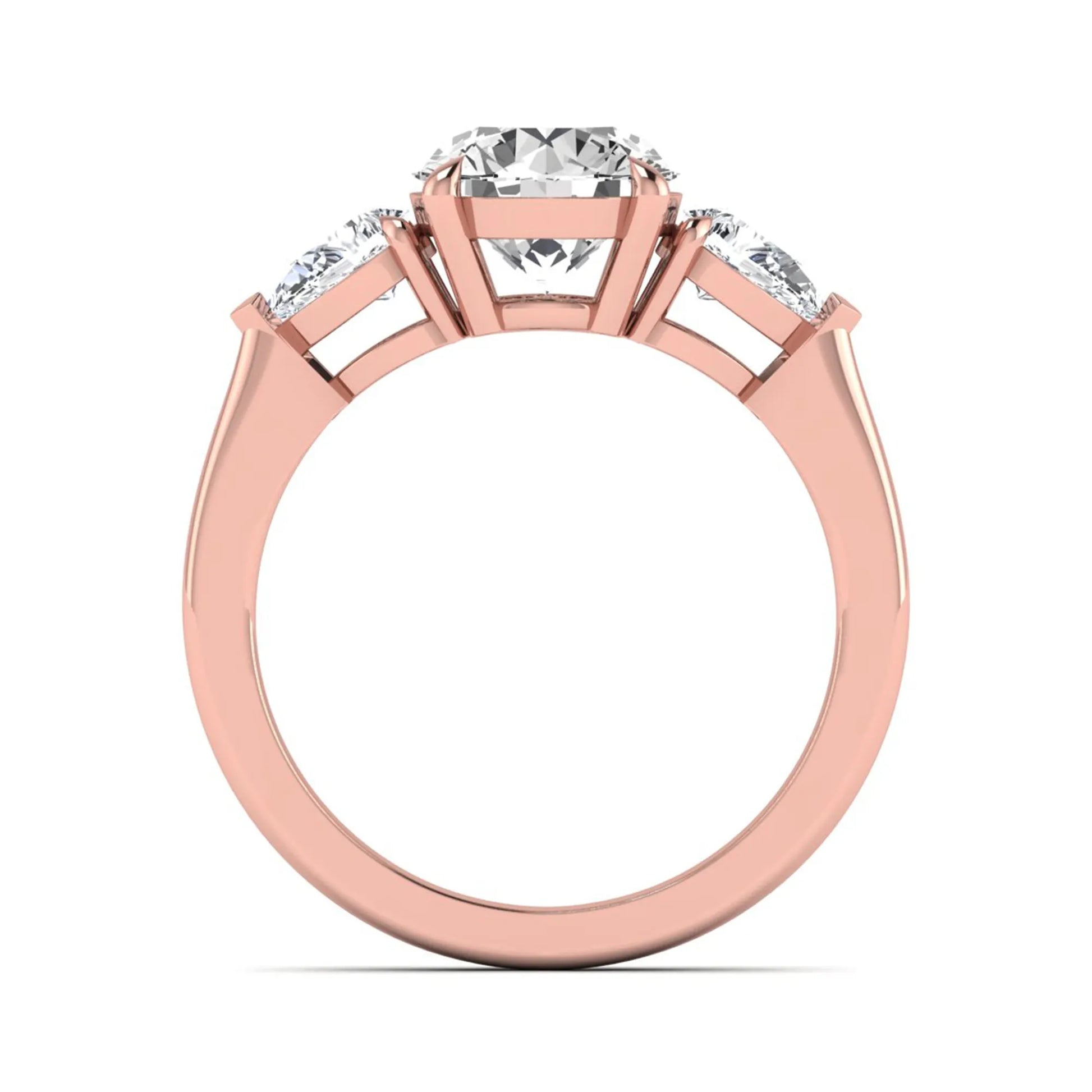 Round three stone prong set lab grown diamond engagement ring featuring a 2.00 carat round center diamond with pear cut side diamonds in rose gold finish.