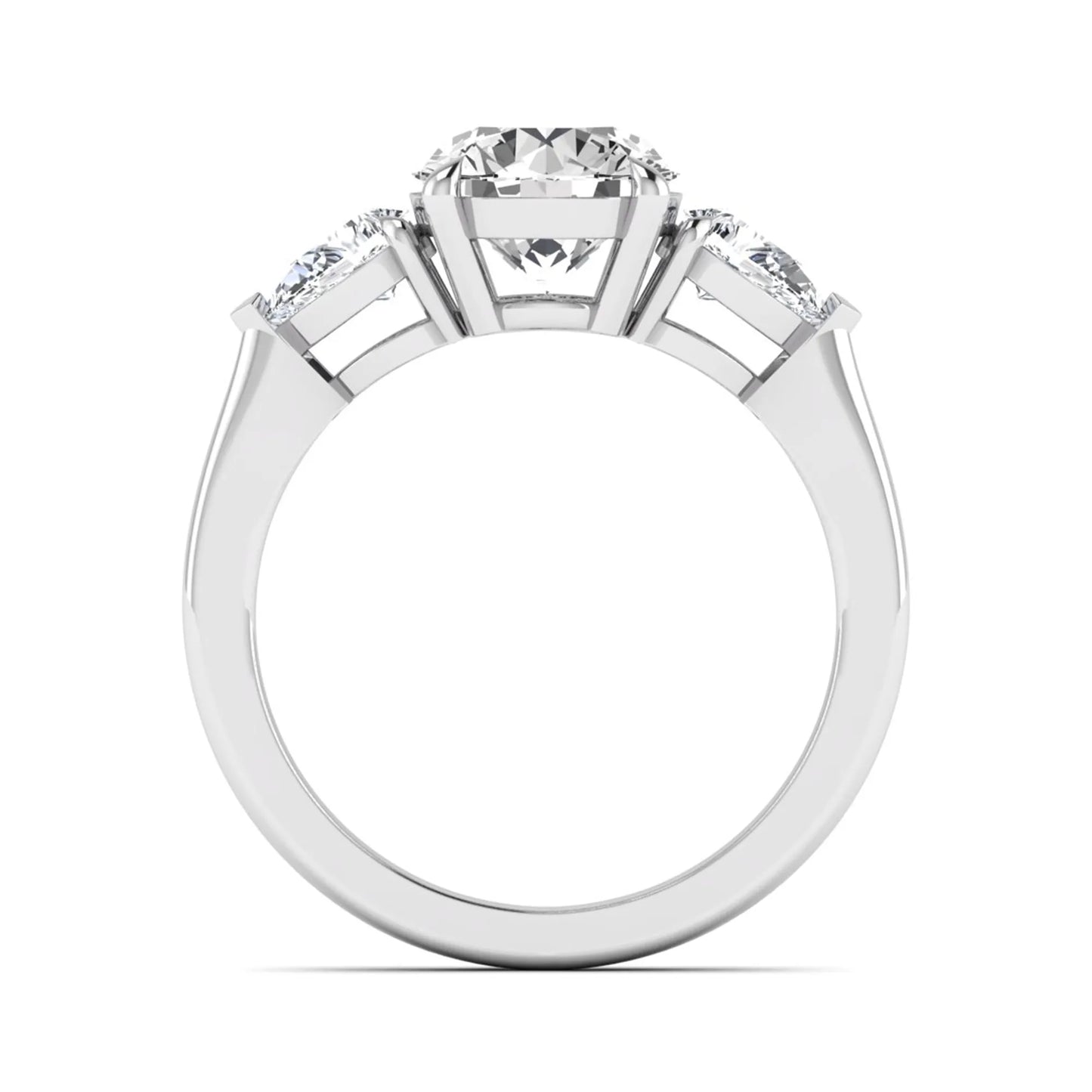 Round three stone prong set lab grown diamond engagement ring featuring a 2.00 carat round center diamond with pear cut side diamonds in white gold finish.