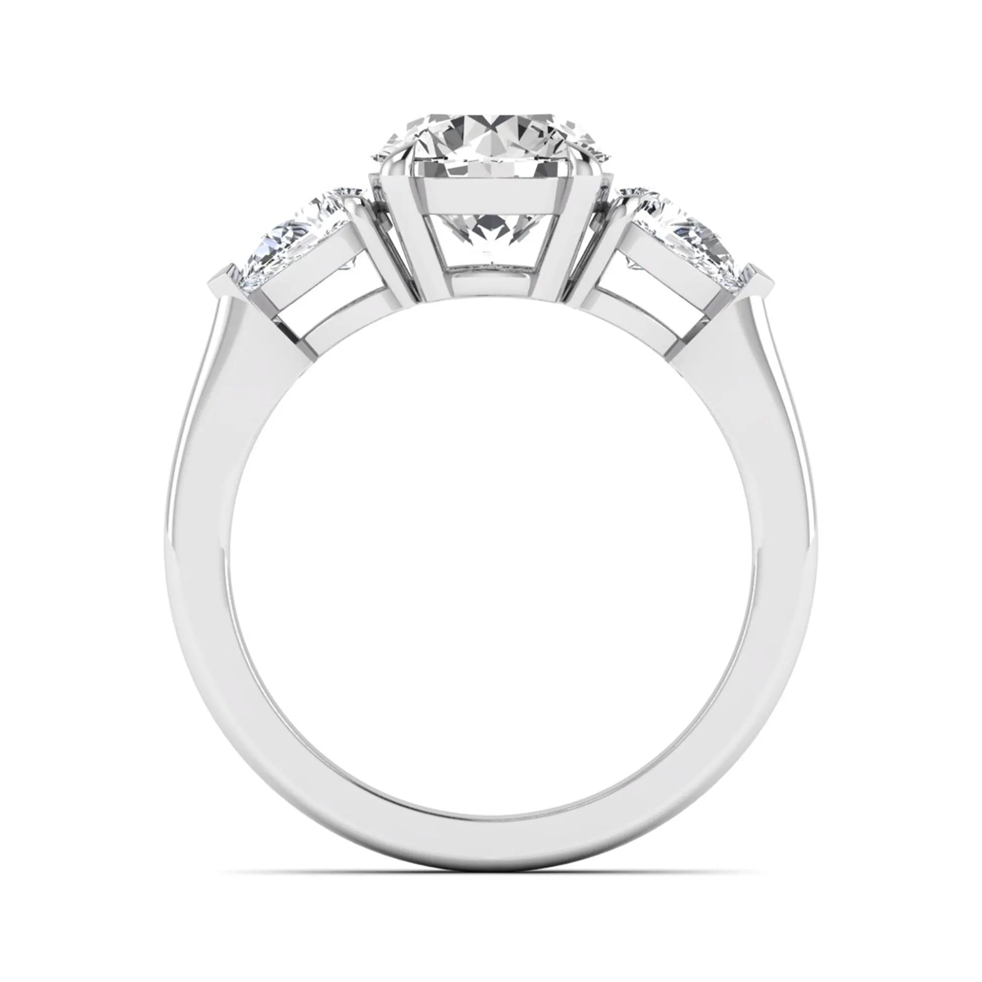 Round three stone prong set lab grown diamond engagement ring featuring a 2.00 carat round center diamond with pear cut side diamonds in white gold finish.