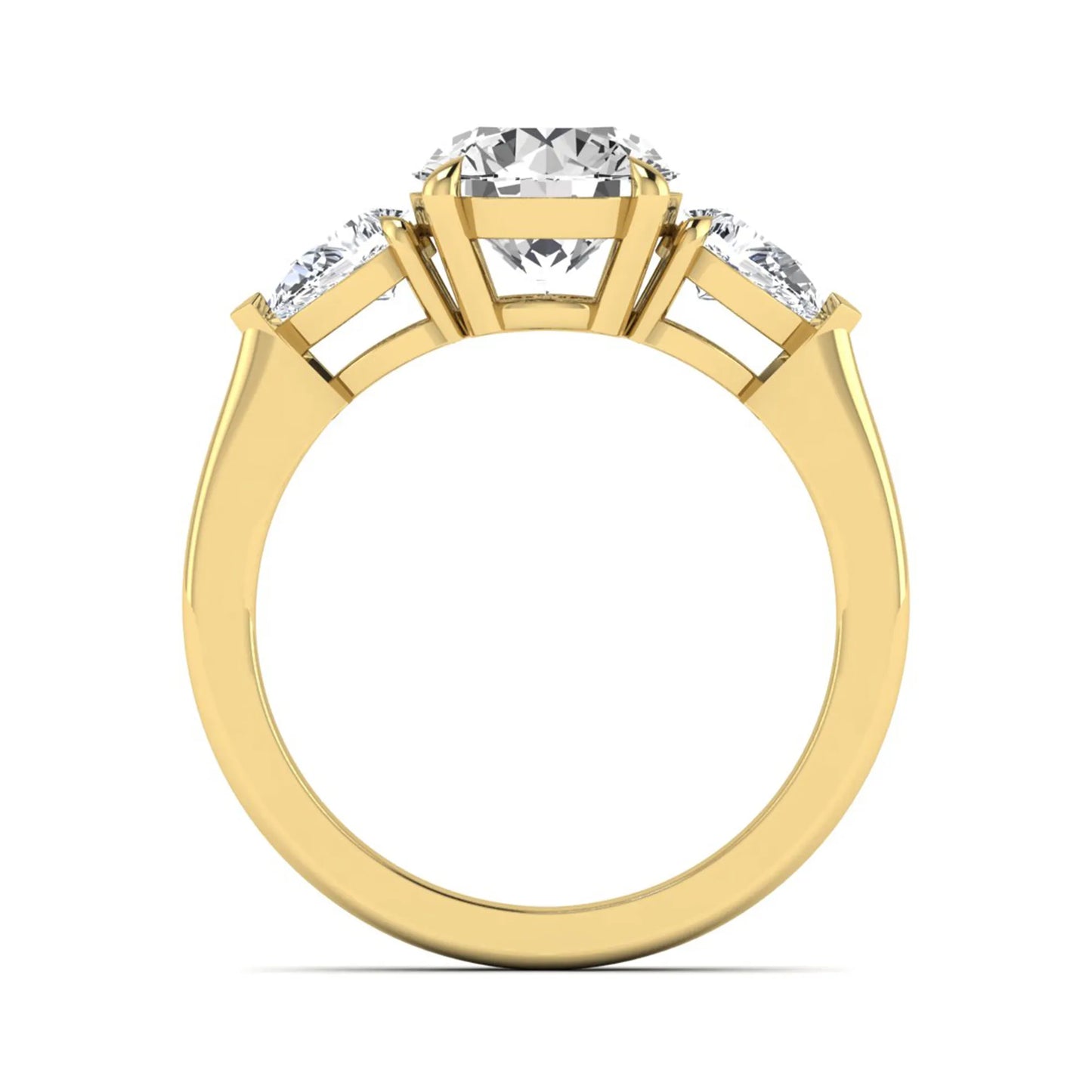 Round three stone prong set lab grown diamond engagement ring featuring a 2.00 carat round center diamond with pear cut side diamonds in yellow gold finish.