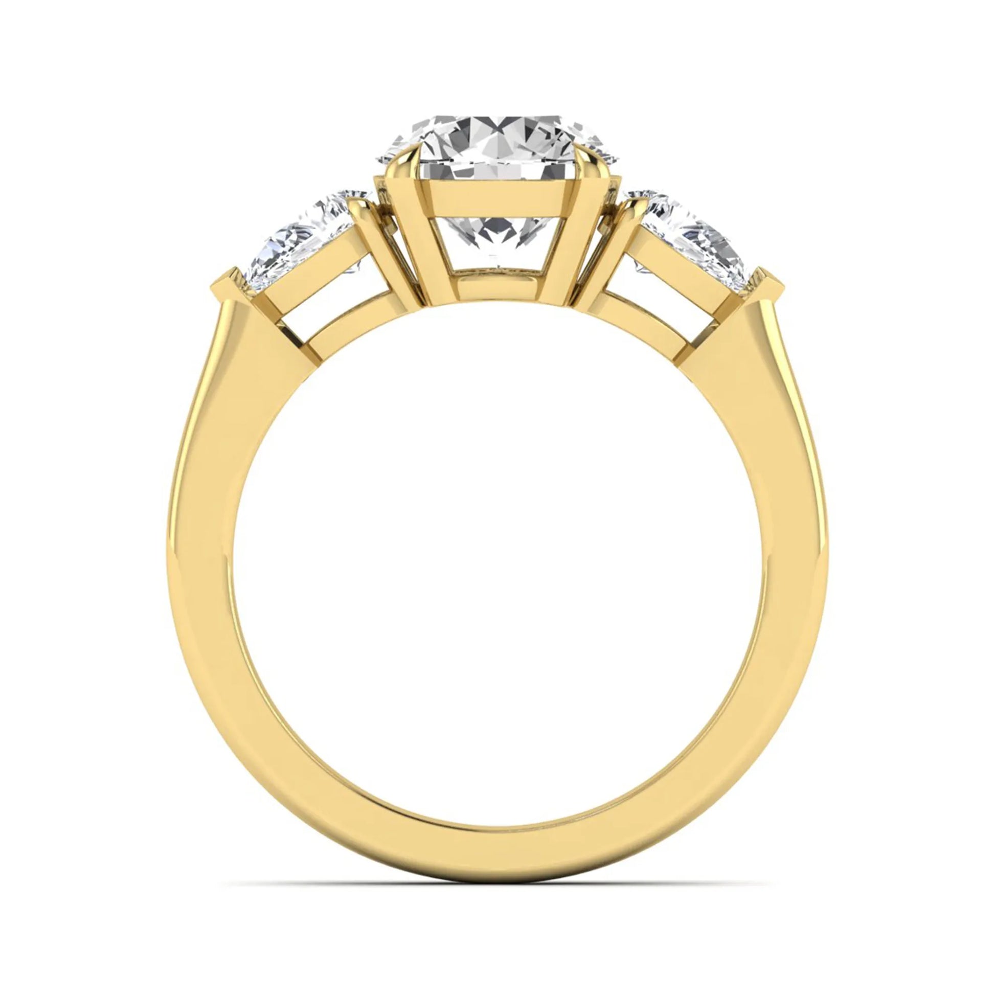 Round three stone prong set lab grown diamond engagement ring featuring a 2.00 carat round center diamond with pear cut side diamonds in yellow gold finish.