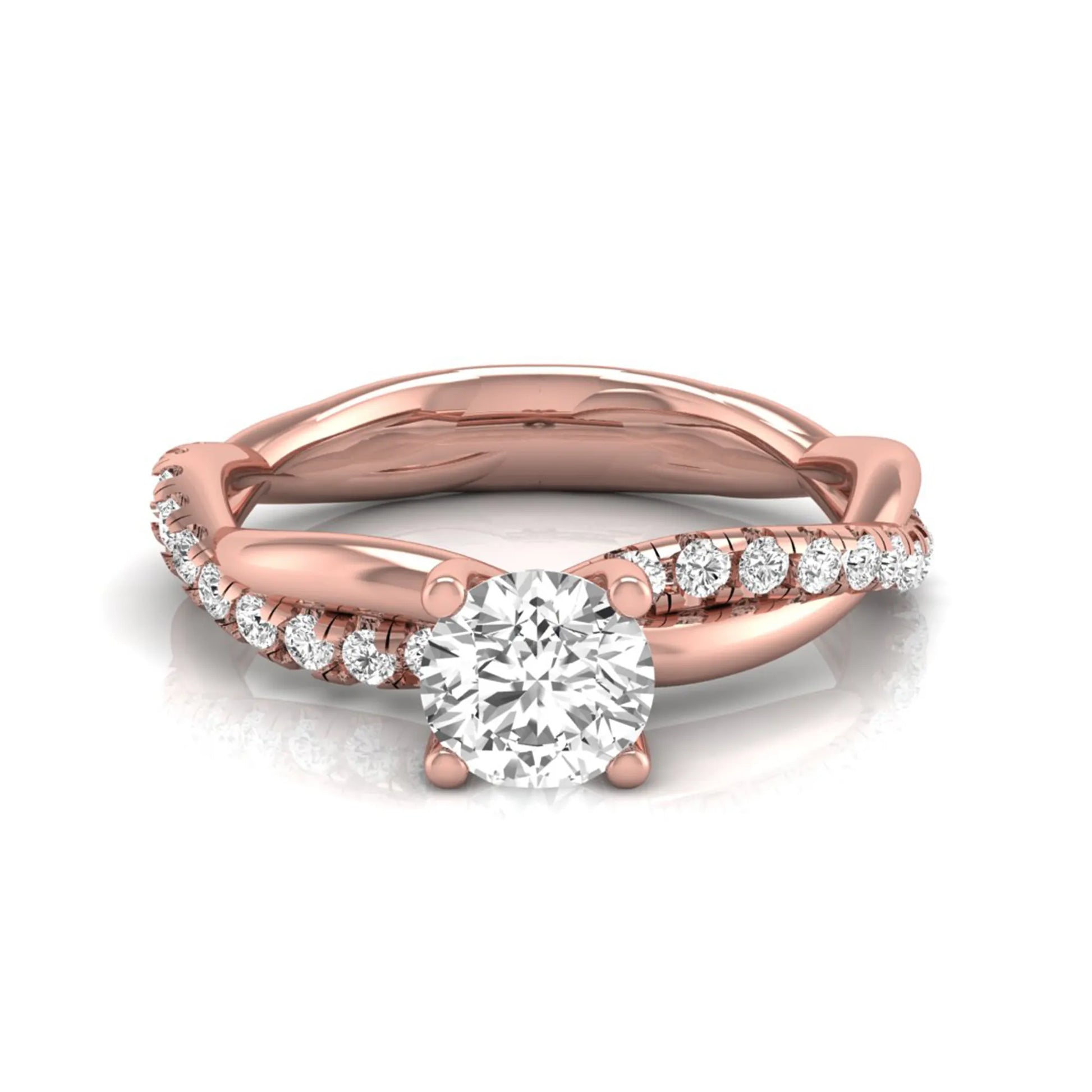 Round twist pavé lab grown diamond solitaire engagement ring featuring a 0.60 carat round cut center diamond with pavé diamond crossover band in a rose gold design.