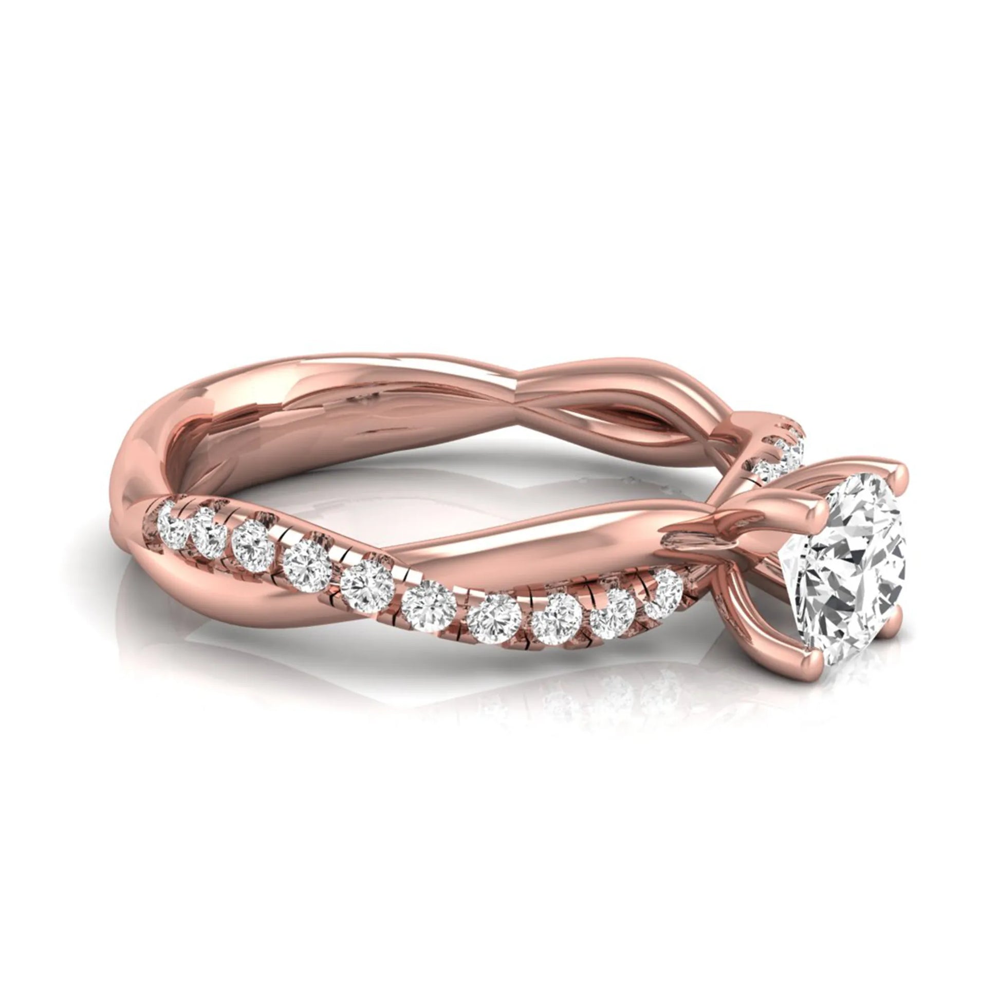 Round twist pavé lab grown diamond solitaire engagement ring featuring a 0.60 carat round cut center diamond with pavé diamond crossover band in a rose gold design.