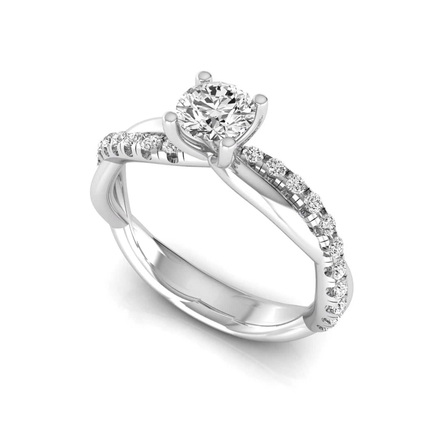 Round twist pavé lab grown diamond solitaire engagement ring featuring a 0.60 carat round cut center diamond with pavé diamond crossover band in a white gold design.