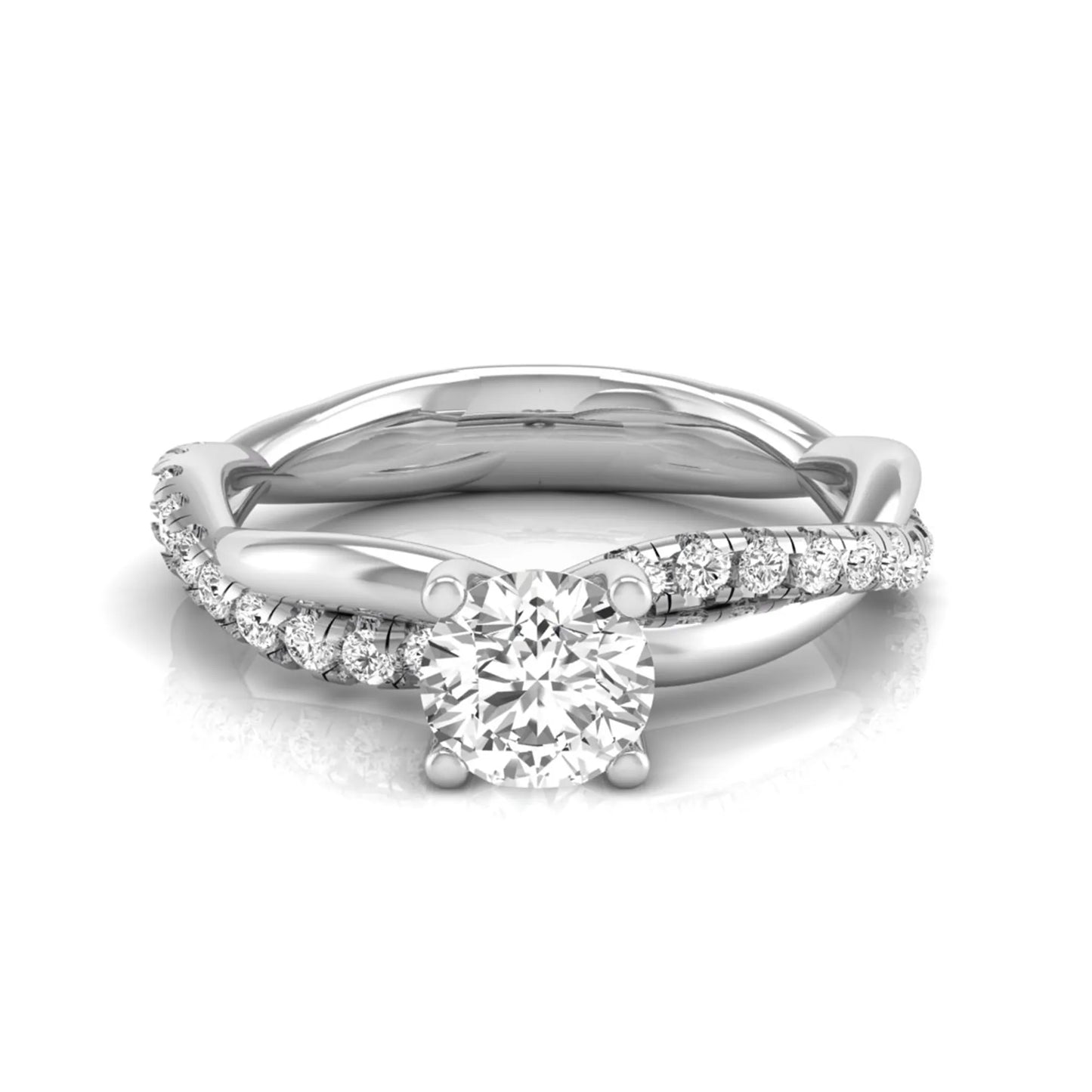 Round twist pavé lab grown diamond solitaire engagement ring featuring a 0.60 carat round cut center diamond with pavé diamond crossover band in a white gold design.