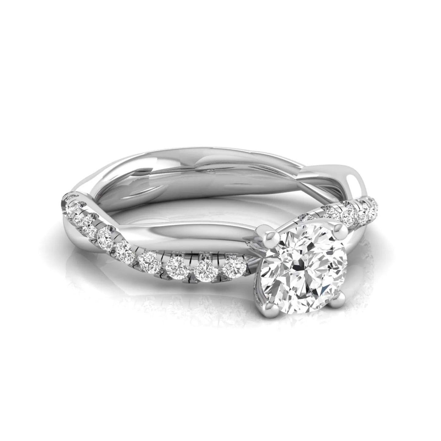 Round twist pavé lab grown diamond solitaire engagement ring featuring a 0.60 carat round cut center diamond with pavé diamond crossover band in a white gold design.