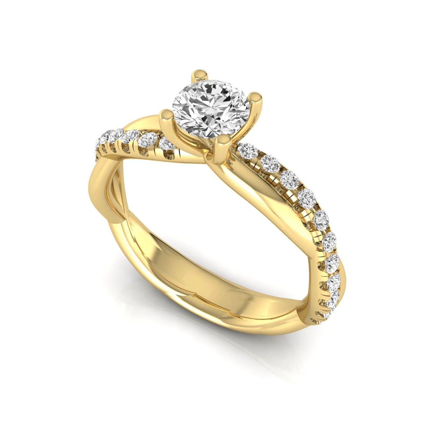 Round twist pavé lab grown diamond solitaire engagement ring featuring a 0.60 carat round cut center diamond with pavé diamond crossover band in a yellow gold design.