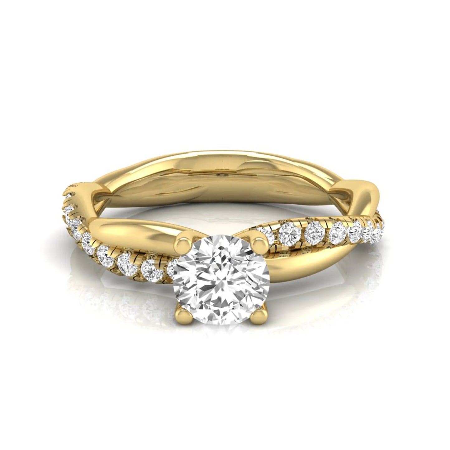 Round twist pavé lab grown diamond solitaire engagement ring featuring a 0.60 carat round cut center diamond with pavé diamond crossover band in a yellow gold design.