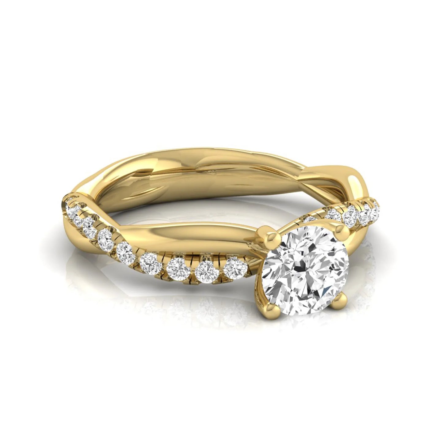 Round twist pavé lab grown diamond solitaire engagement ring featuring a 0.60 carat round cut center diamond with pavé diamond crossover band in a yellow gold design.