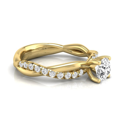 Round twist pavé lab grown diamond solitaire engagement ring featuring a 0.60 carat round cut center diamond with pavé diamond crossover band in a yellow gold design.