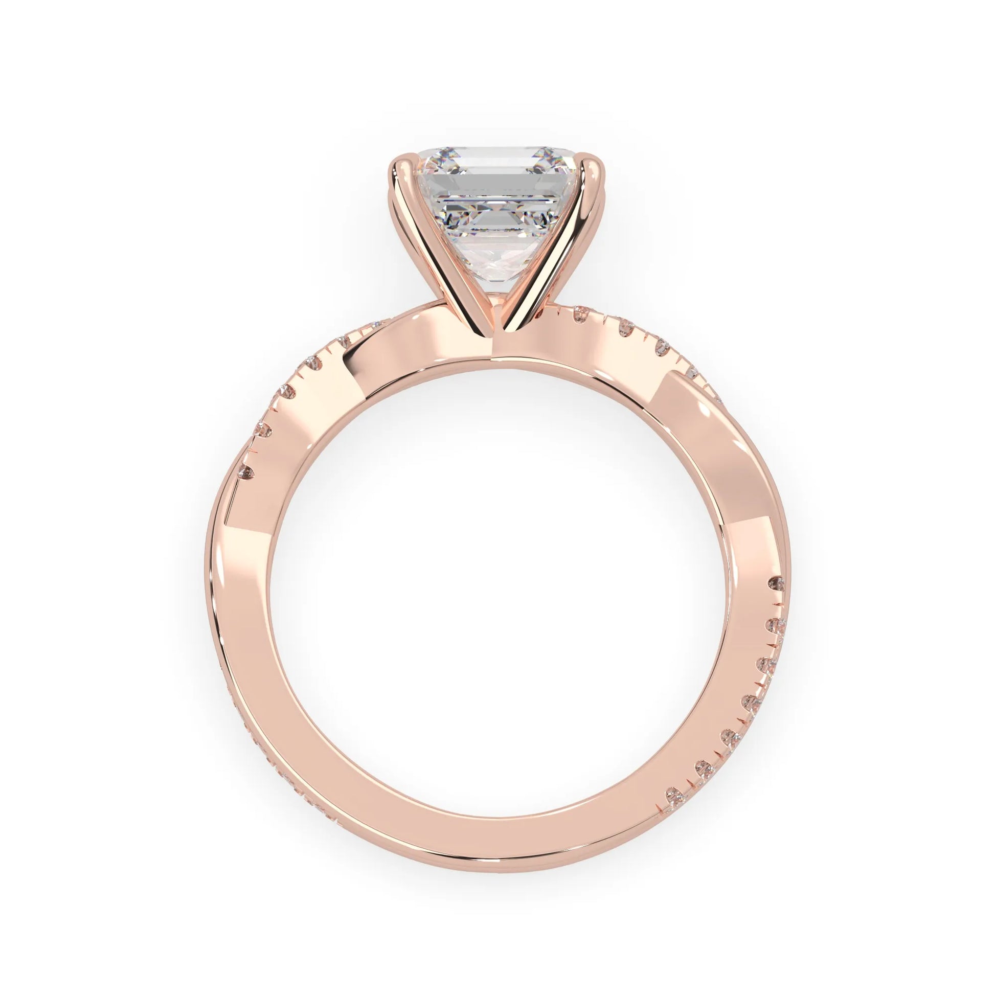 Asscher brilliant lab grown diamond engagement ring with prong setting and twisted pavé diamond band in rose gold tone